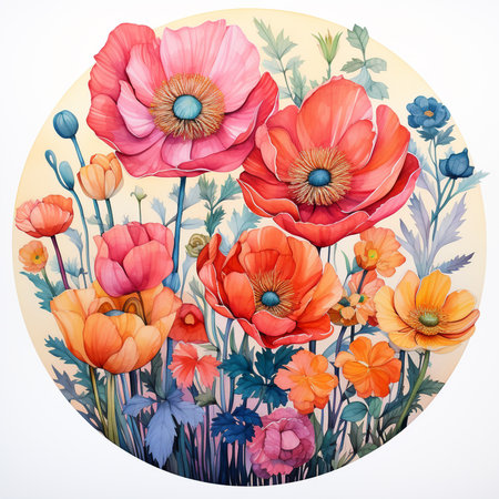 Floral round frame with poppies and wildflowers. Vector illustration.の素材