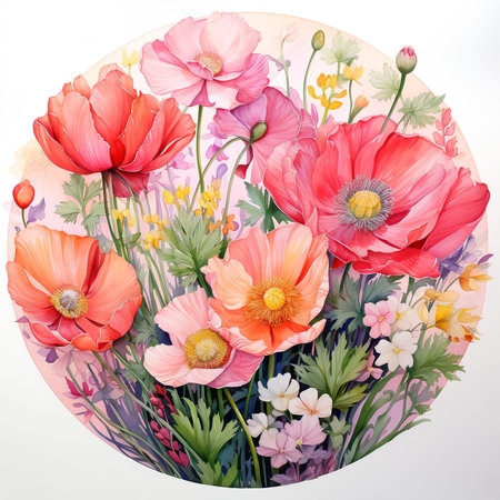 Floral background with poppies and daffodils.の素材