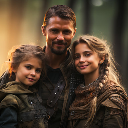 Portrait of a happy family. Father, mother and daughter in the forest.の素材