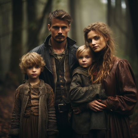 Portrait of a beautiful family in the autumn forest. The concept of family values.の素材
