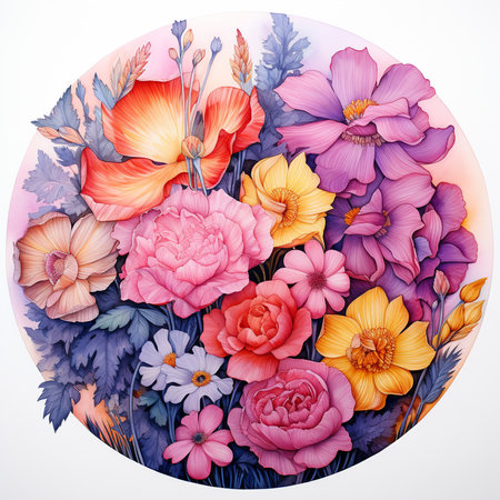 Round frame with flowers. Floral background. Hand drawn illustration.の素材