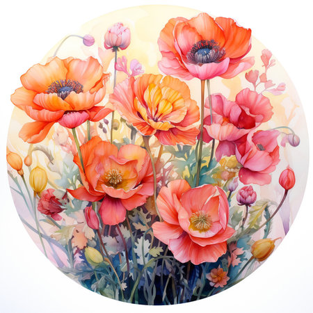 poppy flowers in a circle on a white background, watercolorの素材