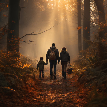 Happy family walking in autumn forest. Father, mother and son walk in autumn forest.の素材