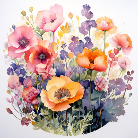 Watercolor floral background with poppies and forget-me-notsの素材