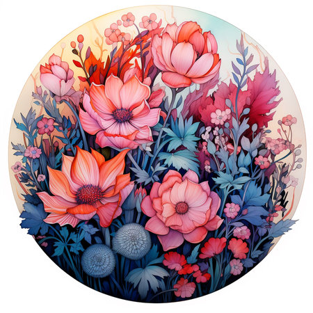 Floral background with poppies, anemones and blue flowersの素材
