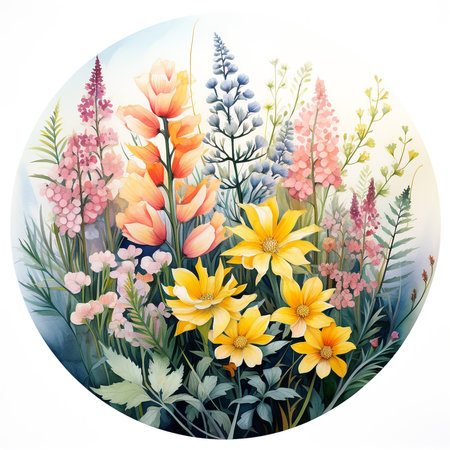 Floral round frame with wildflowers and lupins. Floral background.の素材