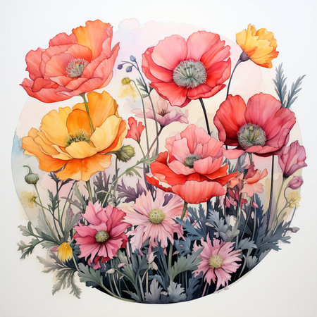 Watercolor painting of poppies and daisies on white backgroundの素材