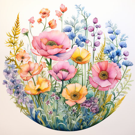 Watercolor floral background with poppies and hyacinthsの素材