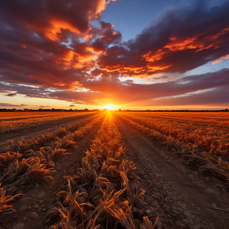 Sunset over a corn field with blue sky and red clouds.の素材