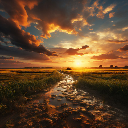 Sunset over rice field. Beautiful natural landscape. Landscape.の素材
