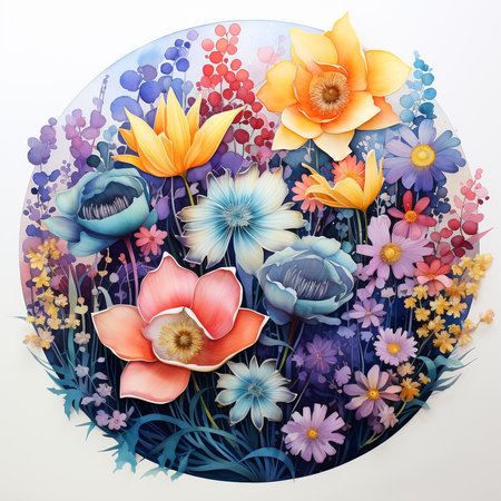 Flowers composition. Floral round frame with colorful flowers. Flat lay, top viewの素材