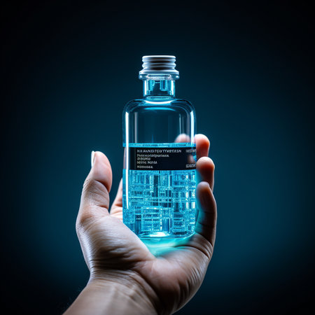 Hand holding a bottle of alcohol on dark background. 3d renderingの素材