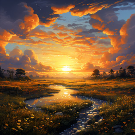 Beautiful sunset over the meadow and river, 3D renderの素材
