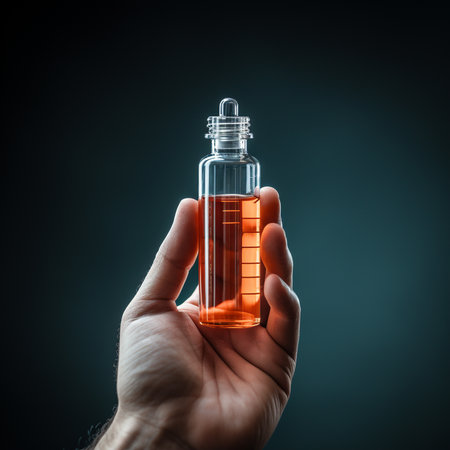 Male hand holding a bottle of essential oil on a dark background.の素材