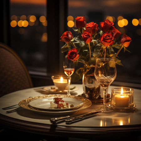 Romantic dinner in a luxury restaurant with red roses in a vaseの素材
