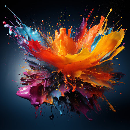 Colorful paint splashes isolated on black background. 3d renderingの素材