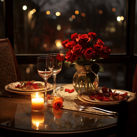 Romantic dinner setting with red roses on the table in a restaurantの素材