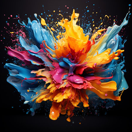 Colorful paint splashes isolated on black background. 3d renderingの素材