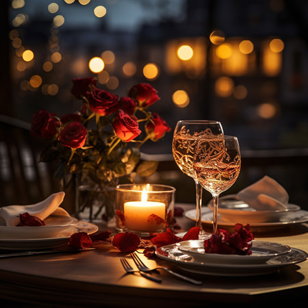 Romantic dinner setting with rose petals and wine glass in restaurantの素材