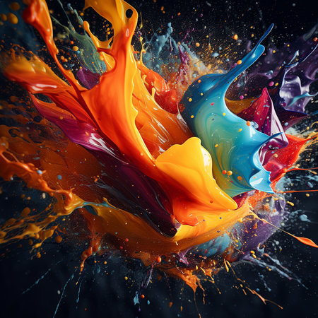 Colorful paint splashes on black background. 3d rendering illustrationの素材
