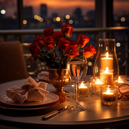 Romantic dinner setting with roses, candles and wine glasses on tableの素材