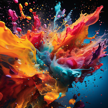 Colorful paint splashes isolated on black background. 3d renderingの素材