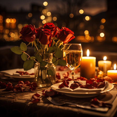 Romantic dinner setting with red roses and glasses of wine on tableの素材