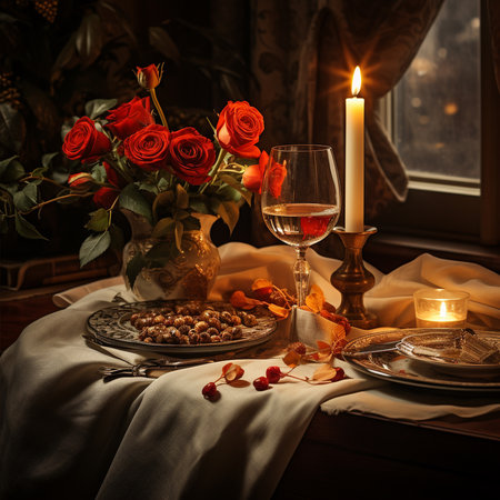 Romantic dinner with red roses in a rustic setting with candlesの素材