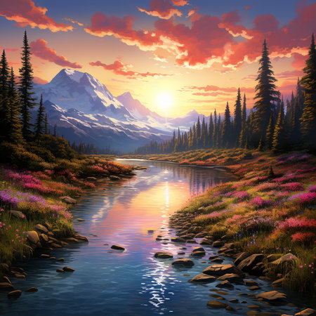 Mountain landscape with lake and forest at sunset. Vector illustration.の素材