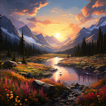 Mountain landscape with river and forest at sunset. Digital painting.の素材