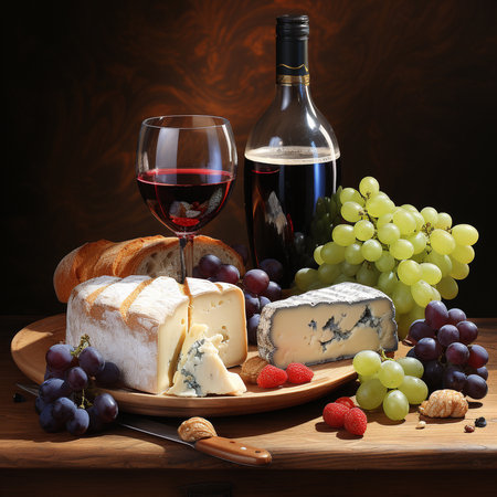 Wine, cheese, grapes and bread on wooden table over dark backgroundの素材