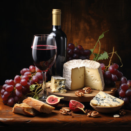 Wine, cheese, grapes and figs on a wooden backgroundの素材