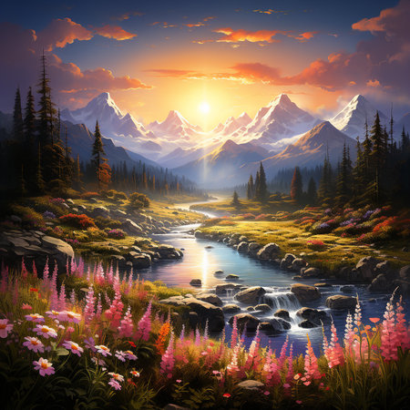 Beautiful summer landscape with mountain river and pink flowers. Digital paintingの素材