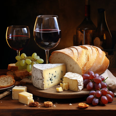 Wine, cheese, grapes and bread on a wooden table.の素材