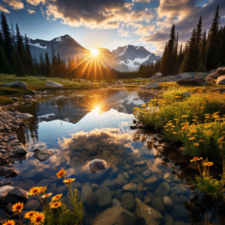 Sunset over a mountain lake with flowers and reflection in it.の素材