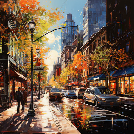 New York City street view with colorful autumn trees. Digital painting.の素材