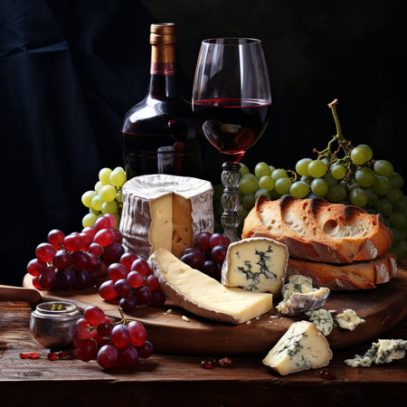 Cheese platter with grapes, wine and bread on dark backgroundの素材