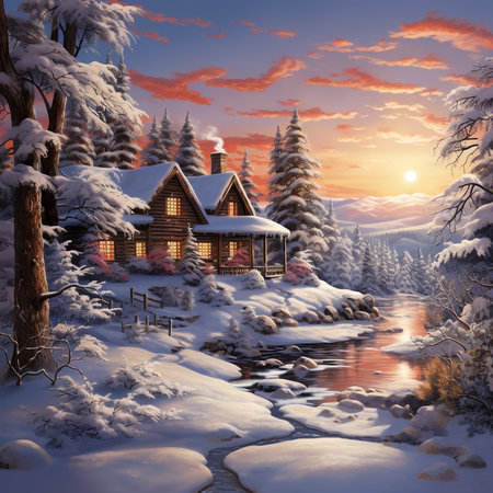 Wooden house in winter forest. Winter landscape. 3d renderingの素材