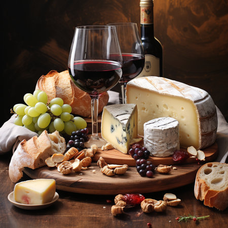 Cheese platter with red wine, grapes, nuts and breadの素材