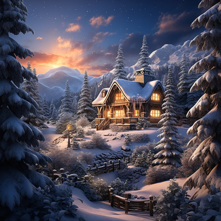 Winter landscape with wooden house in the mountains. 3d illustration.の素材