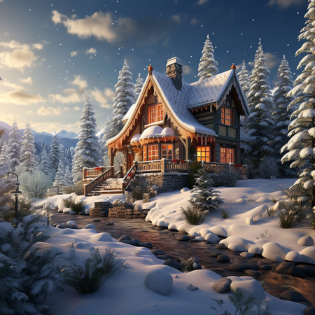 Winter landscape with a wooden house in the forest. 3d renderingの素材
