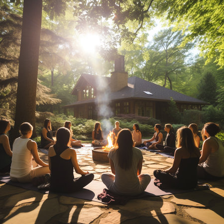 Group of people meditating in front of a fireplace in the forestの素材