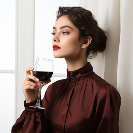 Portrait of beautiful young woman with glass of red wine, on white backgroundの素材