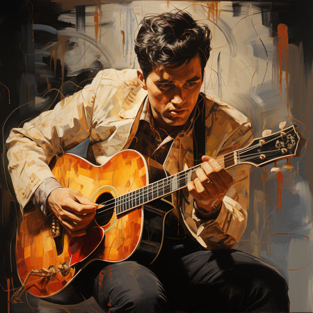 Young man playing the guitar on a grunge background. Collage.の素材