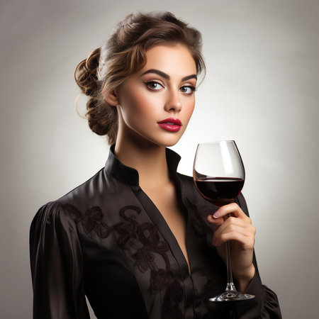 Beautiful young woman holding a glass of red wine. Portrait on gray backgroundの素材