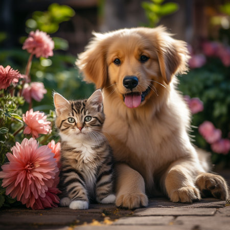 Golden Retriever puppy and kitten sitting together on a background of flowersの素材