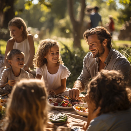 Portrait of happy family having picnic in the garden at summer dayの素材