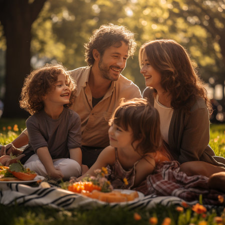 Happy family having picnic in the park. Mother, father and children having fun together.の素材