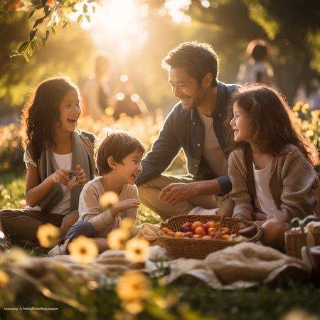 Happy family picnicking in nature. Mother, father and children having fun together.の素材