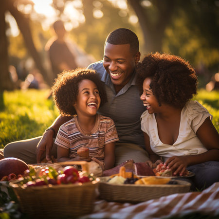 Happy family picnicking in the park. Mother, father and daughter having fun together.の素材
